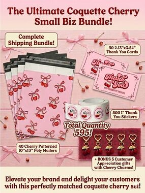 40 10x13 Poly Mailers, 50 Cards & 500 Stickers Bundle~BONUS 5 Cherry Charms